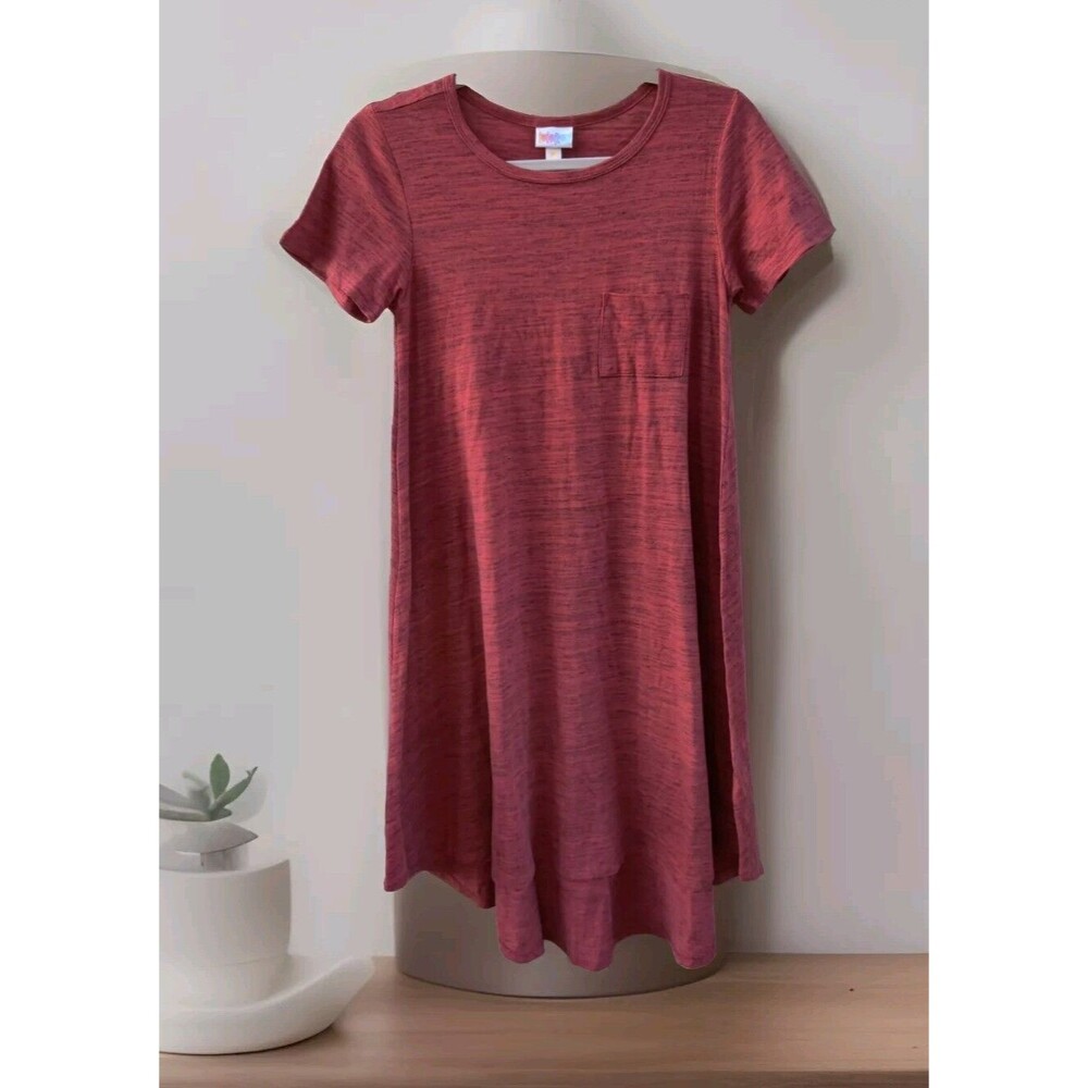 LulaRoe Carly Swing Shift T Shirt Dress XXS Hi Low Red Rasberry Gray Heathered